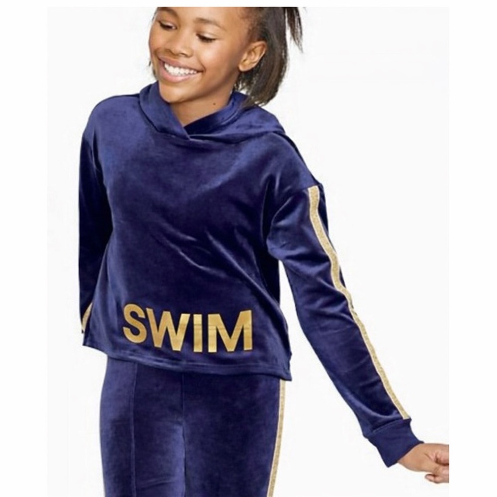 Justice Navy Blue & Gold Velvet Velour “Swim” Cropped Active Hoodie Girls Size 8